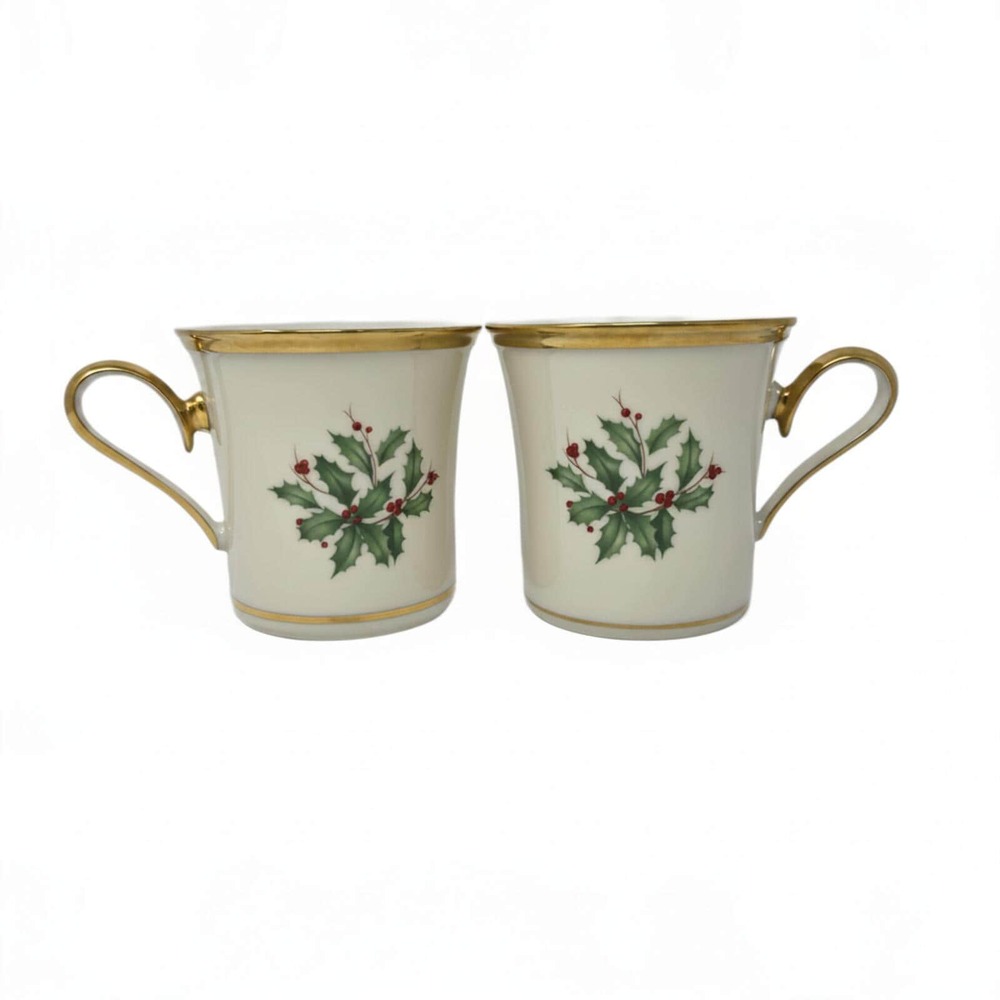 Vintage Lenox Holiday Holly Mugs Set of 2 Gold Stamp Christmas Coffee Cups